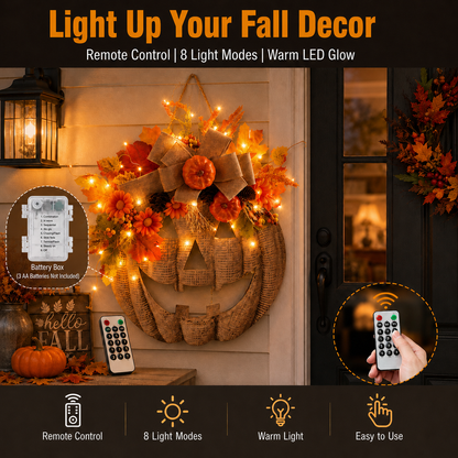 🎃✨Lighted Burlap Pumpkin Wreath