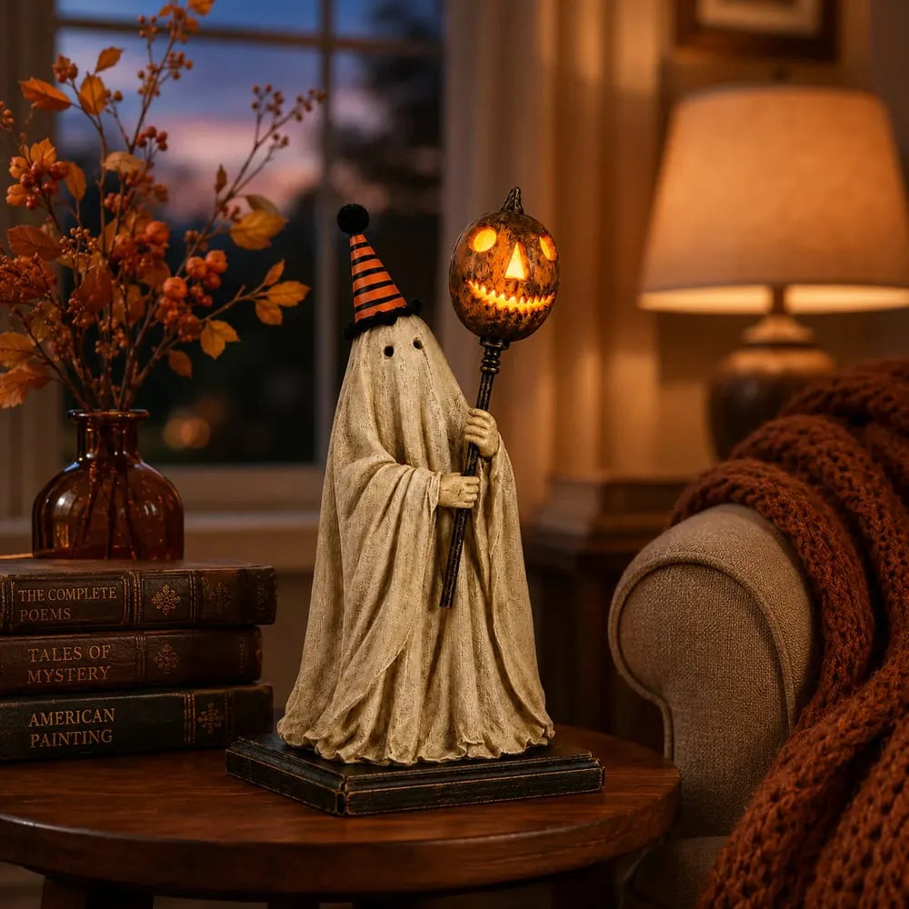 Lighted Vintage Ghost Figurine with Glowing Pumpkin Staff