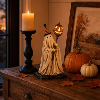 Lighted Vintage Ghost Figurine with Glowing Pumpkin Staff