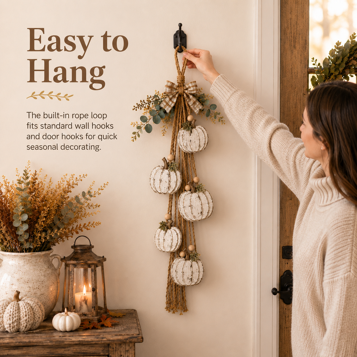 🎃 Rustic White Pumpkin Hanging Swag – 5-Pumpkin Fall Door & Wall Decoration for Farmhouse Autumn Decor