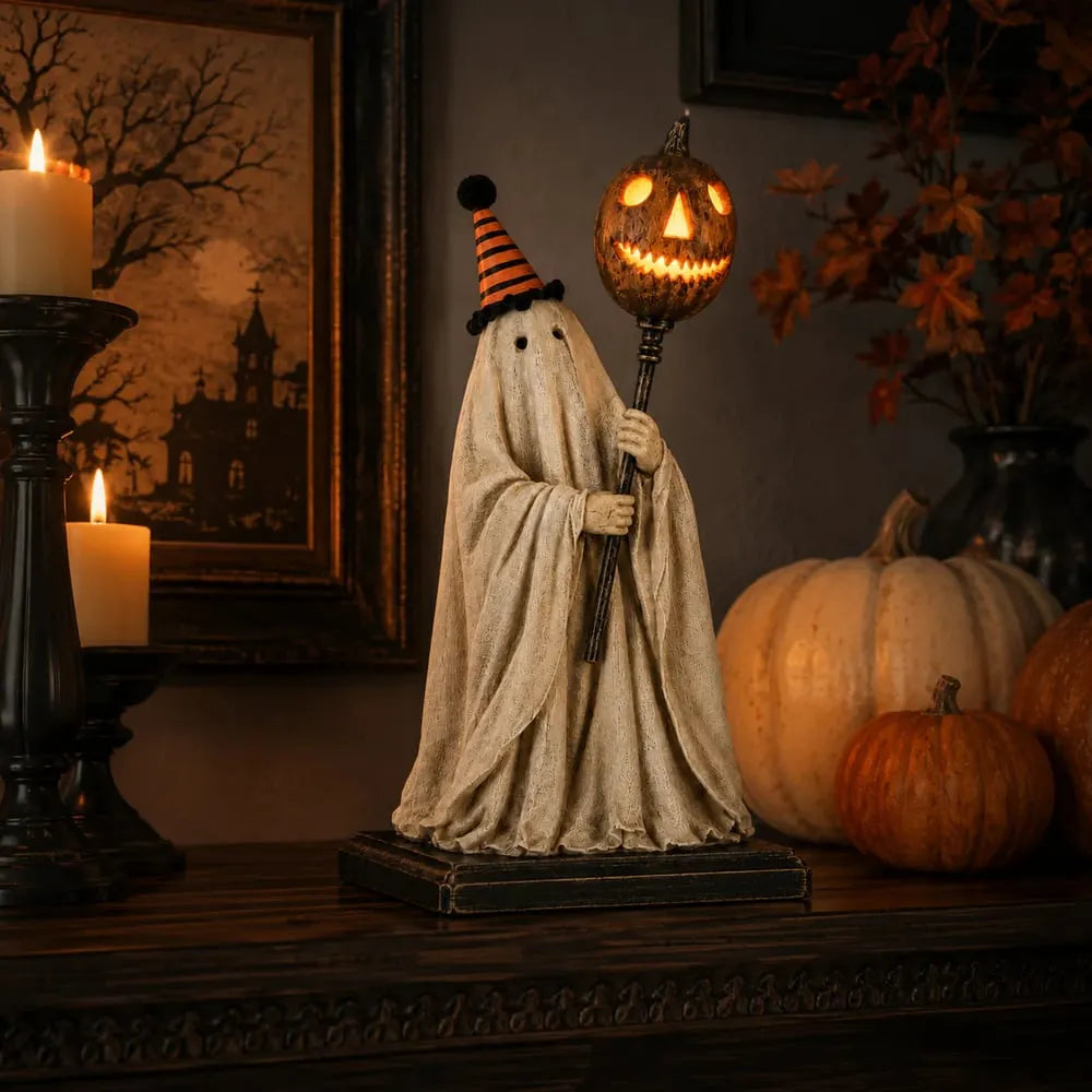 Lighted Vintage Ghost Figurine with Glowing Pumpkin Staff