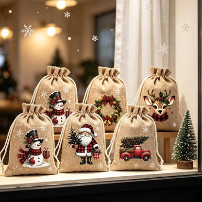 Reusable Christmas Drawstring Gift Bags — Santa & Reindeer Polyester Pouches