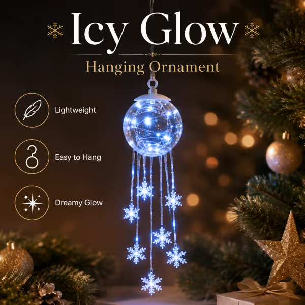 CHRISTMAS FAVORITE Crystal-Style Globe Ornament- Icy Blue LED Snowflake Hanging Decoration for Holiday Decor