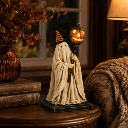 Lighted Vintage Ghost Figurine with Glowing Pumpkin Staff
