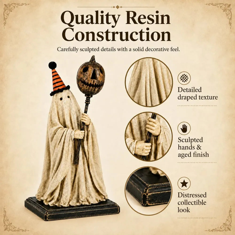Lighted Vintage Ghost Figurine with Glowing Pumpkin Staff
