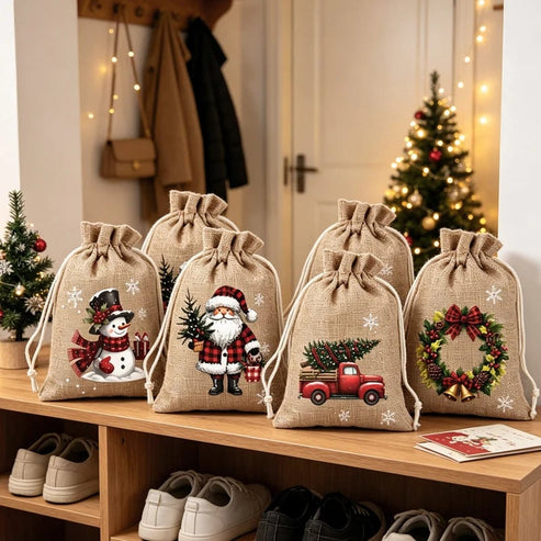 Reusable Christmas Drawstring Gift Bags — Santa & Reindeer Polyester Pouches