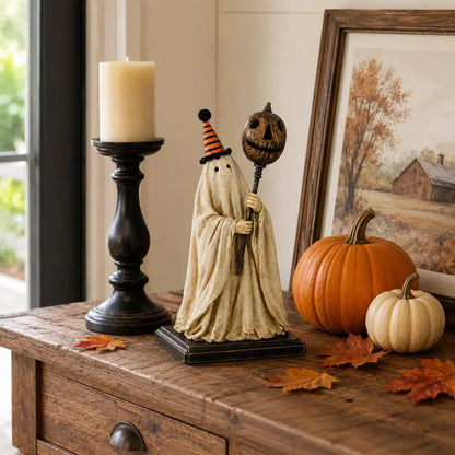 Lighted Vintage Ghost Figurine with Glowing Pumpkin Staff
