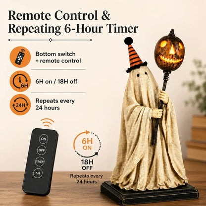 Lighted Vintage Ghost Figurine with Glowing Pumpkin Staff