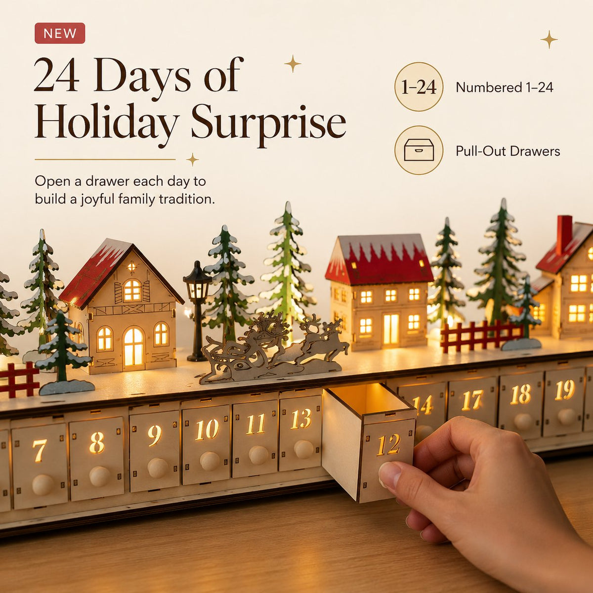 🌲Wooden Village Advent Calendar With Led Glow🎁