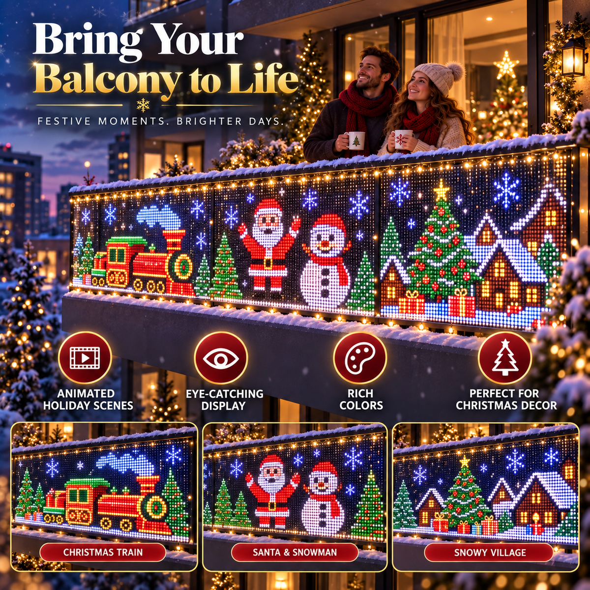 🎄 Smart RGB Pixel Curtain Lights – App-Controlled Animated Holiday Display for Balcony & Window Decor-1.6m*1.6m