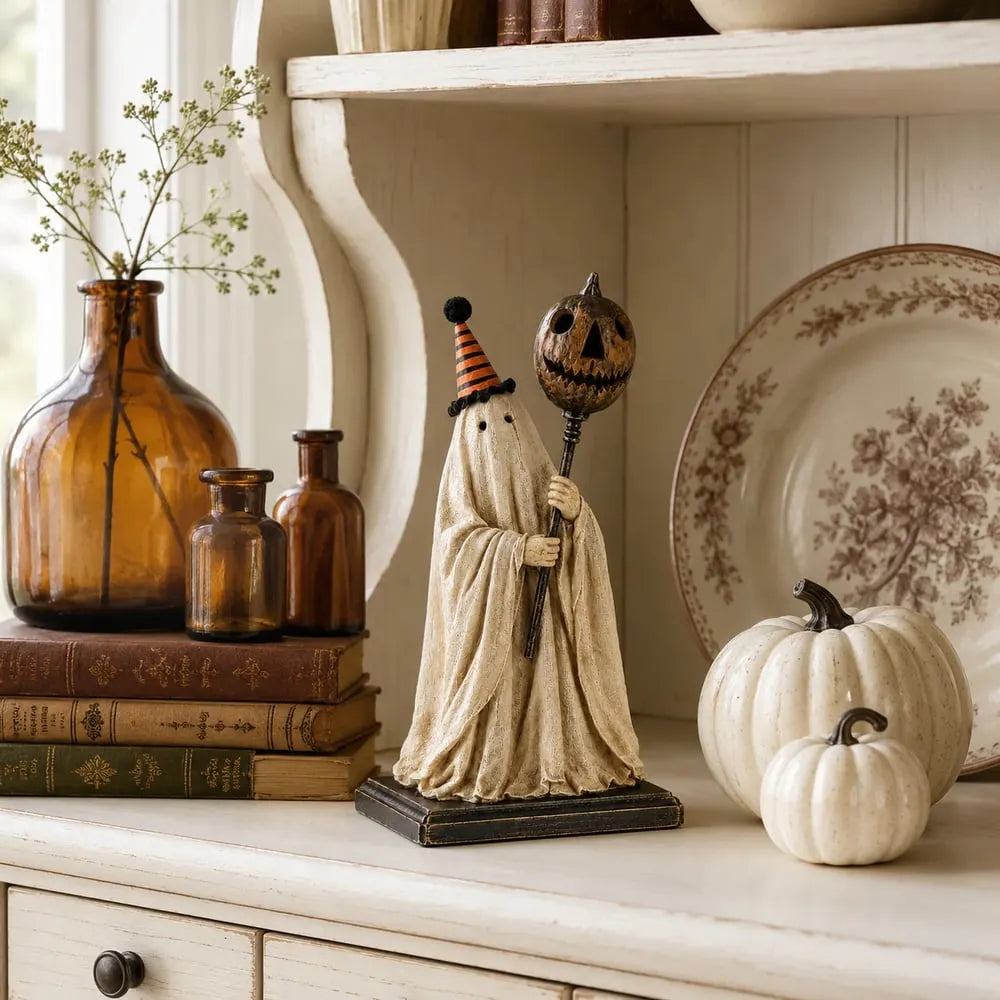 Lighted Vintage Ghost Figurine with Glowing Pumpkin Staff