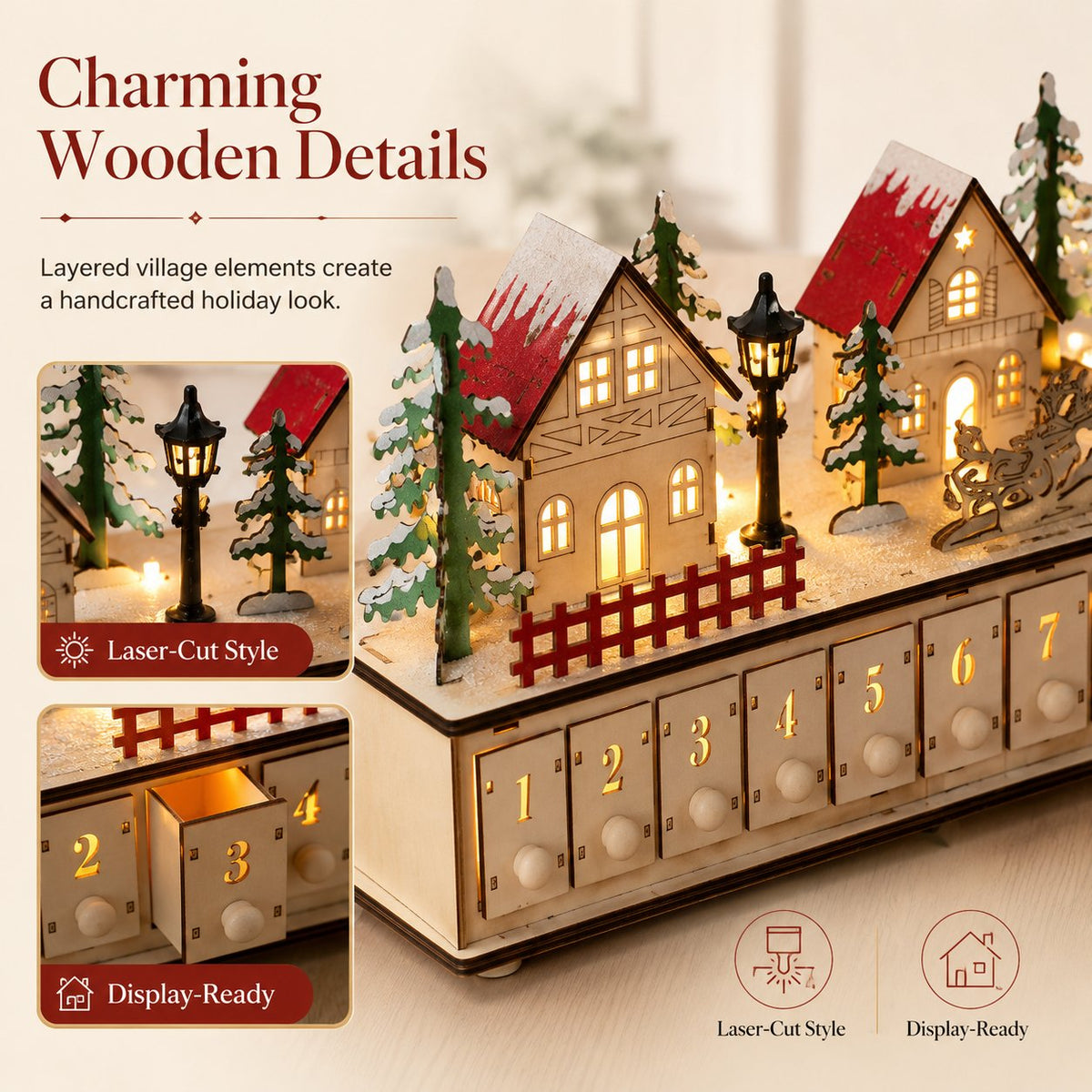 🌲Wooden Village Advent Calendar With Led Glow🎁