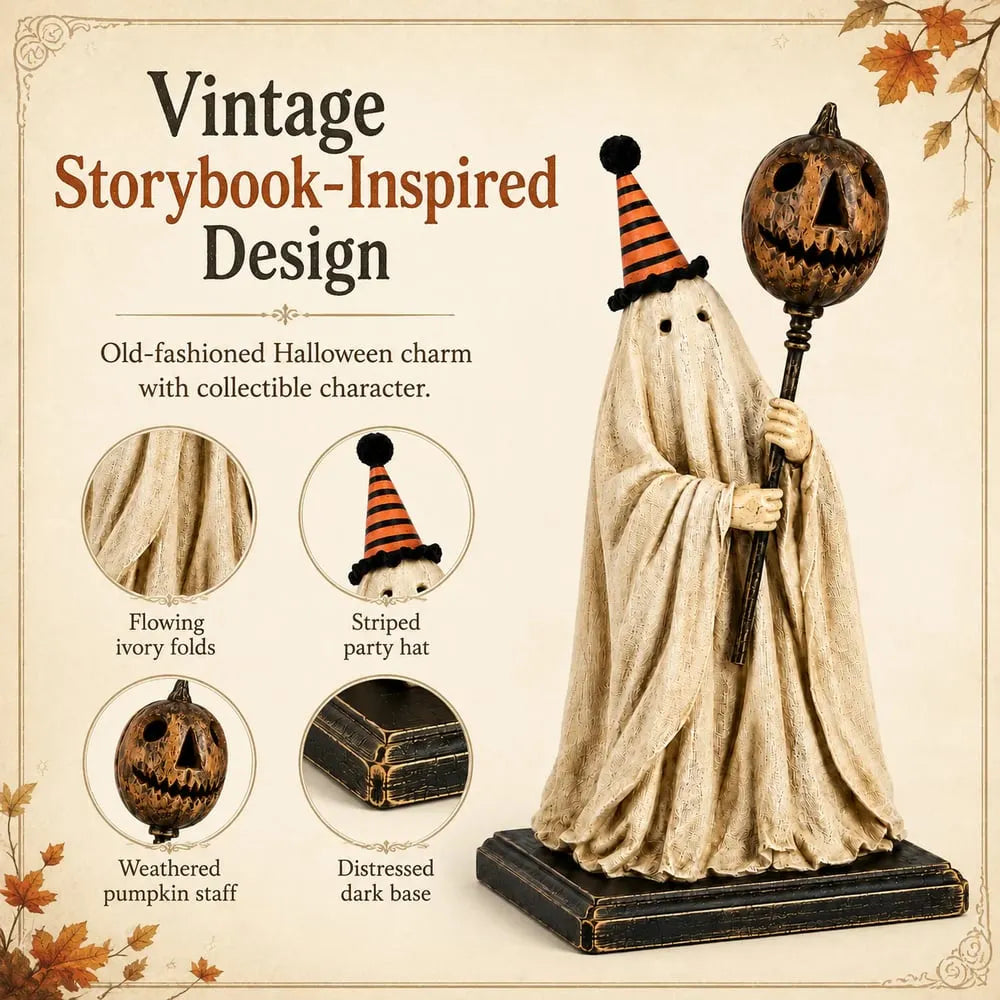 Lighted Vintage Ghost Figurine with Glowing Pumpkin Staff