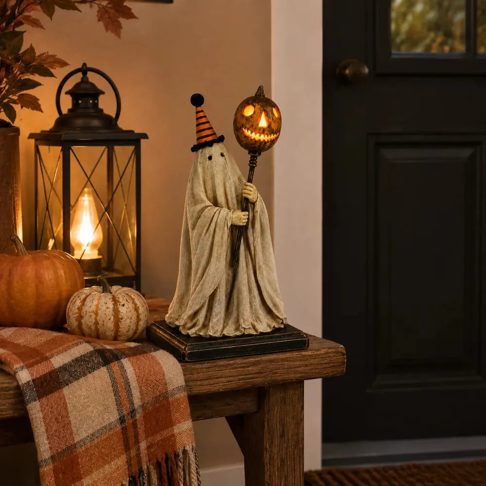 Lighted Vintage Ghost Figurine with Glowing Pumpkin Staff