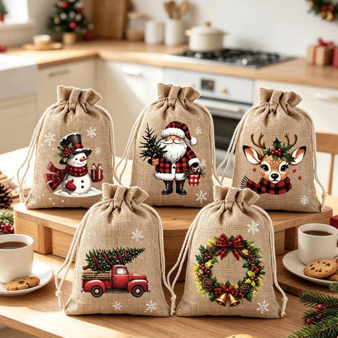 Reusable Christmas Drawstring Gift Bags — Santa & Reindeer Polyester Pouches