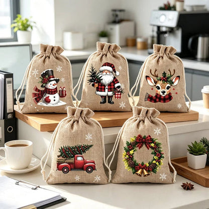 Reusable Christmas Drawstring Gift Bags — Santa & Reindeer Polyester Pouches