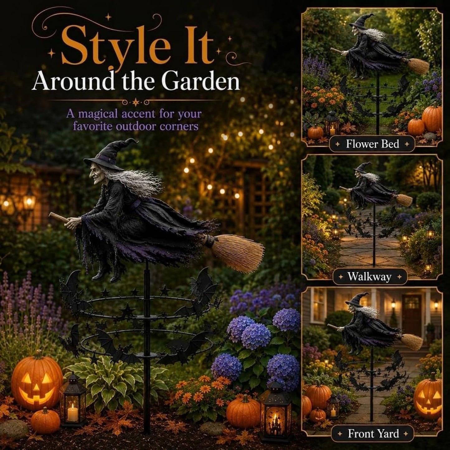 Enchanted Witch Garden Wind Spinner – Where Witches Fly and Bats Dance