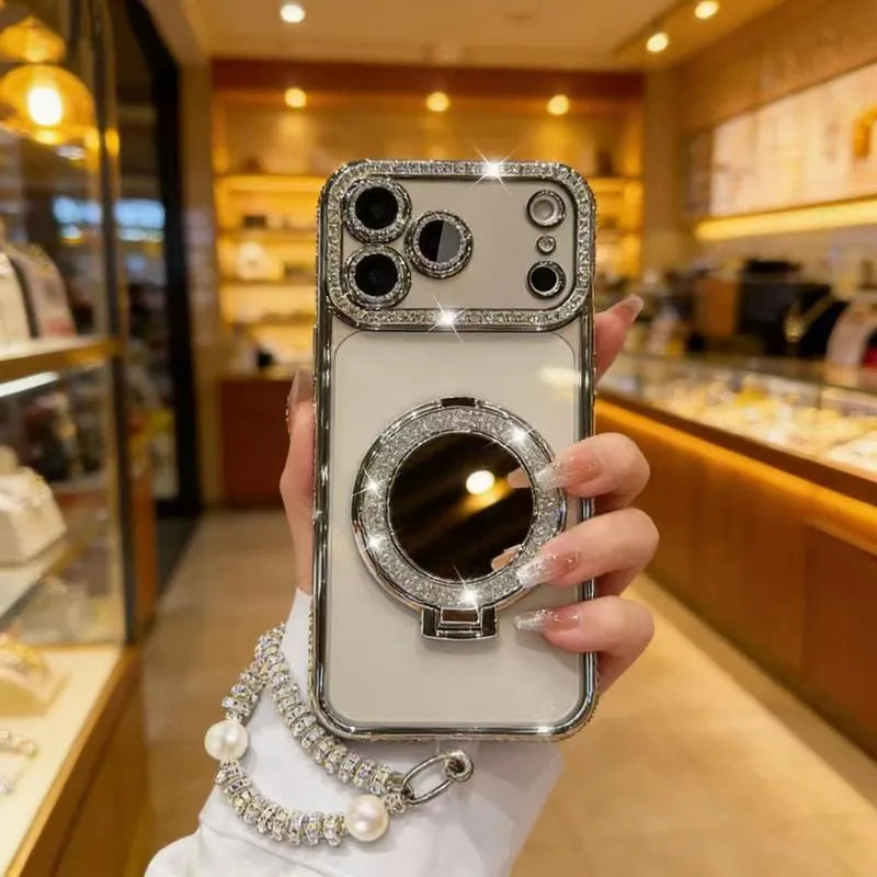 ✨💎Sparkling Diamond Women's Phone Case with Mirror & Stand for iPhone 12/13/14/15/16/17 Pro Max,17Air,14/15/16 Plus💖