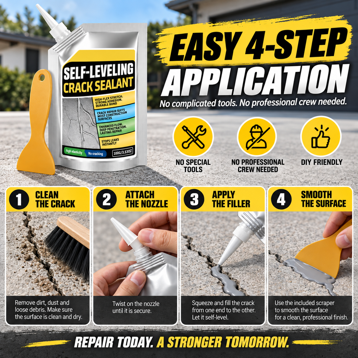 Self-Leveling Concrete CrackSealant - Waterproof Quick-Drying Repair Filler withScraper