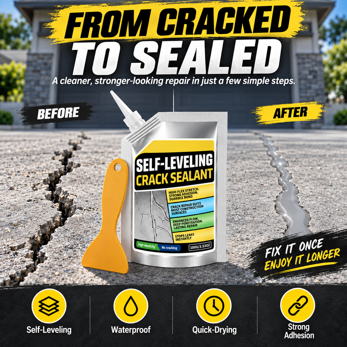 Self-Leveling Concrete CrackSealant - Waterproof Quick-Drying Repair Filler withScraper