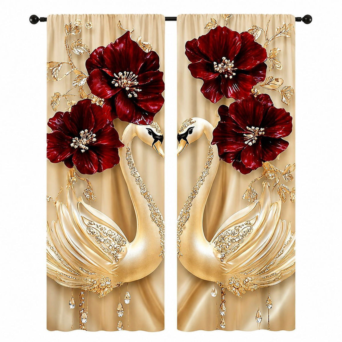 Burgundy Rose Floral Window Curtains – Vintage Lace-Inspired Light-Filtering Rod Pocket Curtains