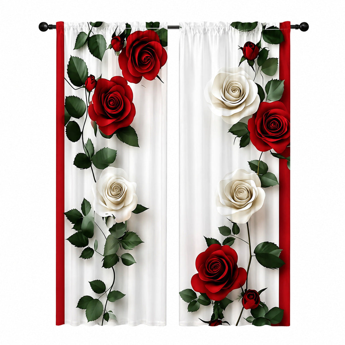 Burgundy Rose Floral Window Curtains – Vintage Lace-Inspired Light-Filtering Rod Pocket Curtains