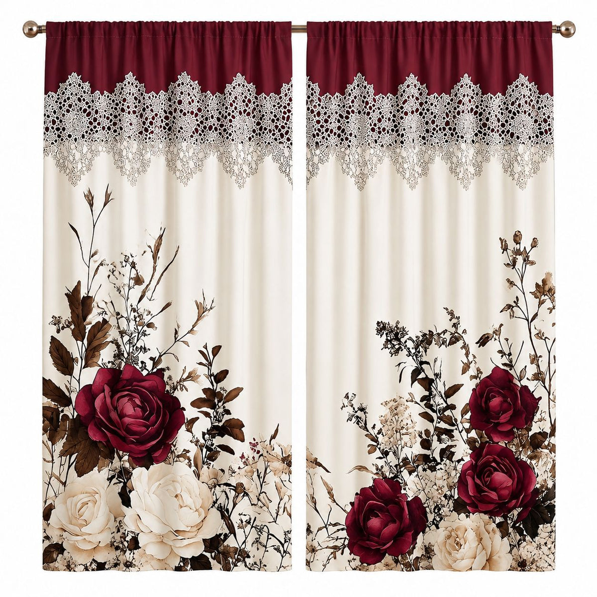 Burgundy Rose Floral Window Curtains – Vintage Lace-Inspired Light-Filtering Rod Pocket Curtains