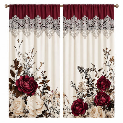 Burgundy Rose Floral Window Curtains – Vintage Lace-Inspired Light-Filtering Rod Pocket Curtains