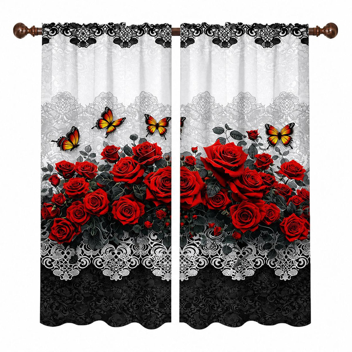 Burgundy Rose Floral Window Curtains – Vintage Lace-Inspired Light-Filtering Rod Pocket Curtains