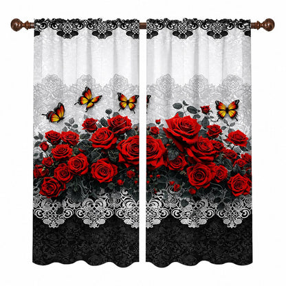 Burgundy Rose Floral Window Curtains – Vintage Lace-Inspired Light-Filtering Rod Pocket Curtains