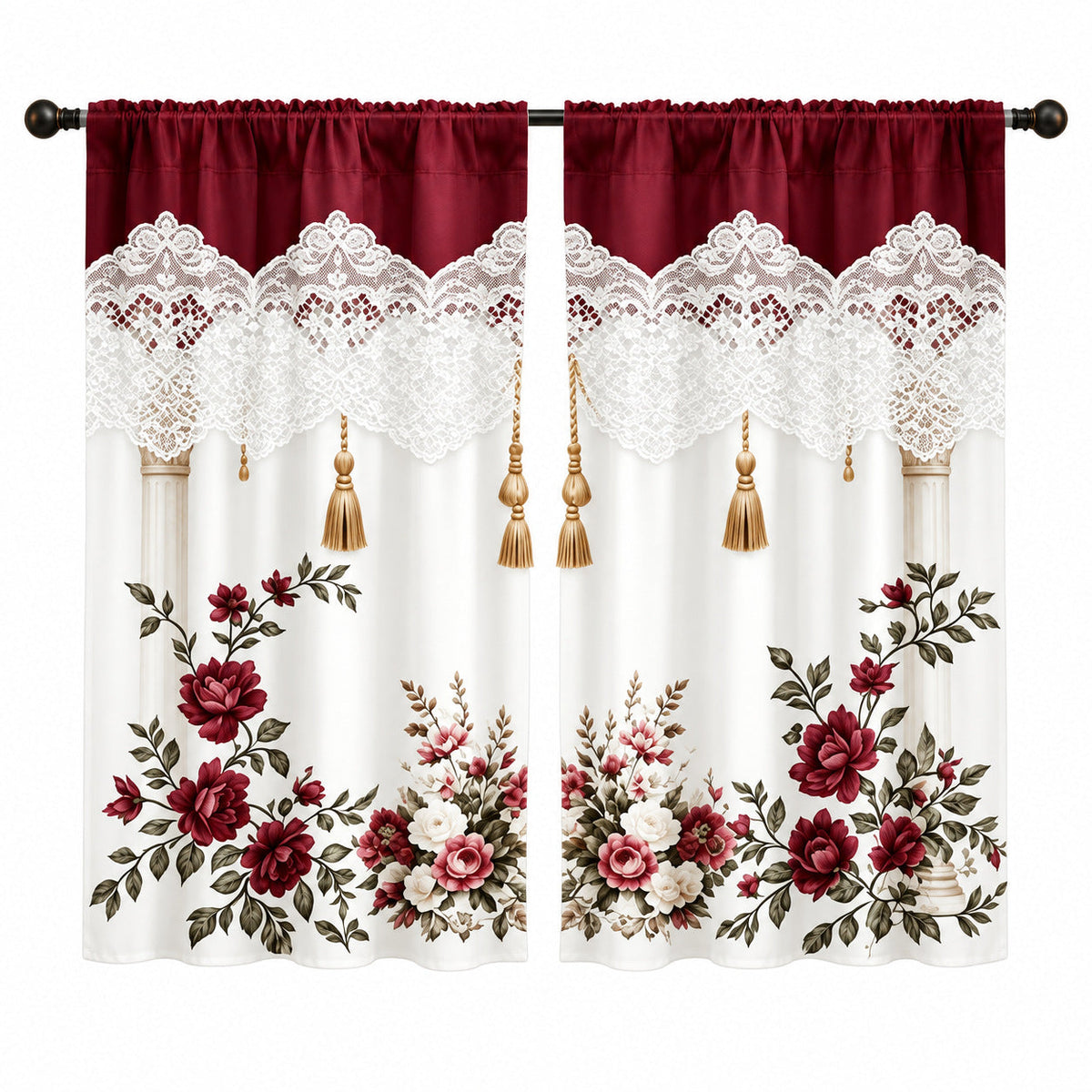 Burgundy Rose Floral Window Curtains – Vintage Lace-Inspired Light-Filtering Rod Pocket Curtains