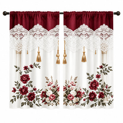Burgundy Rose Floral Window Curtains – Vintage Lace-Inspired Light-Filtering Rod Pocket Curtains