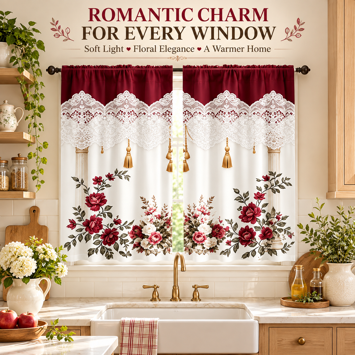 Burgundy Rose Floral Window Curtains – Vintage Lace-Inspired Light-Filtering Rod Pocket Curtains