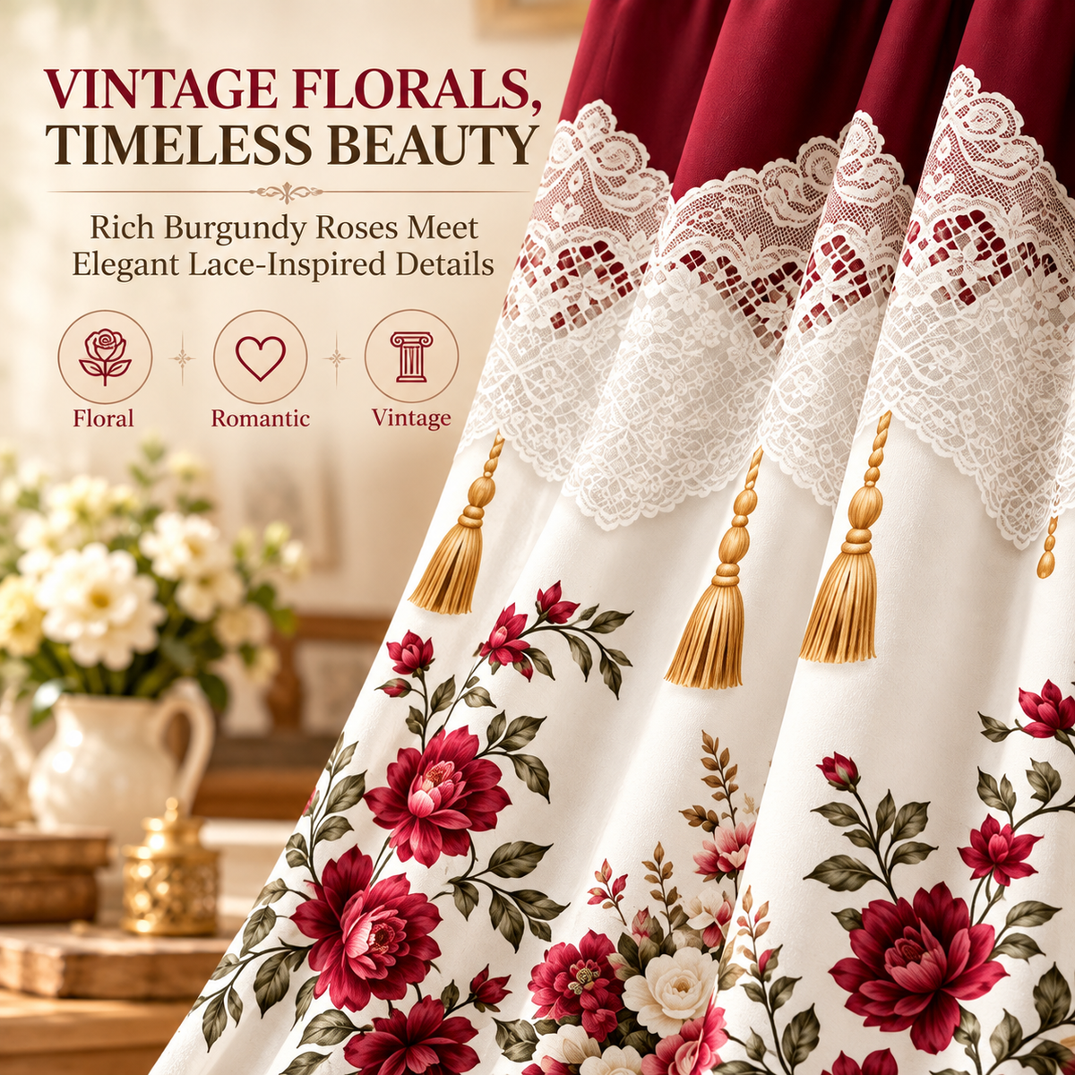 Burgundy Rose Floral Window Curtains – Vintage Lace-Inspired Light-Filtering Rod Pocket Curtains