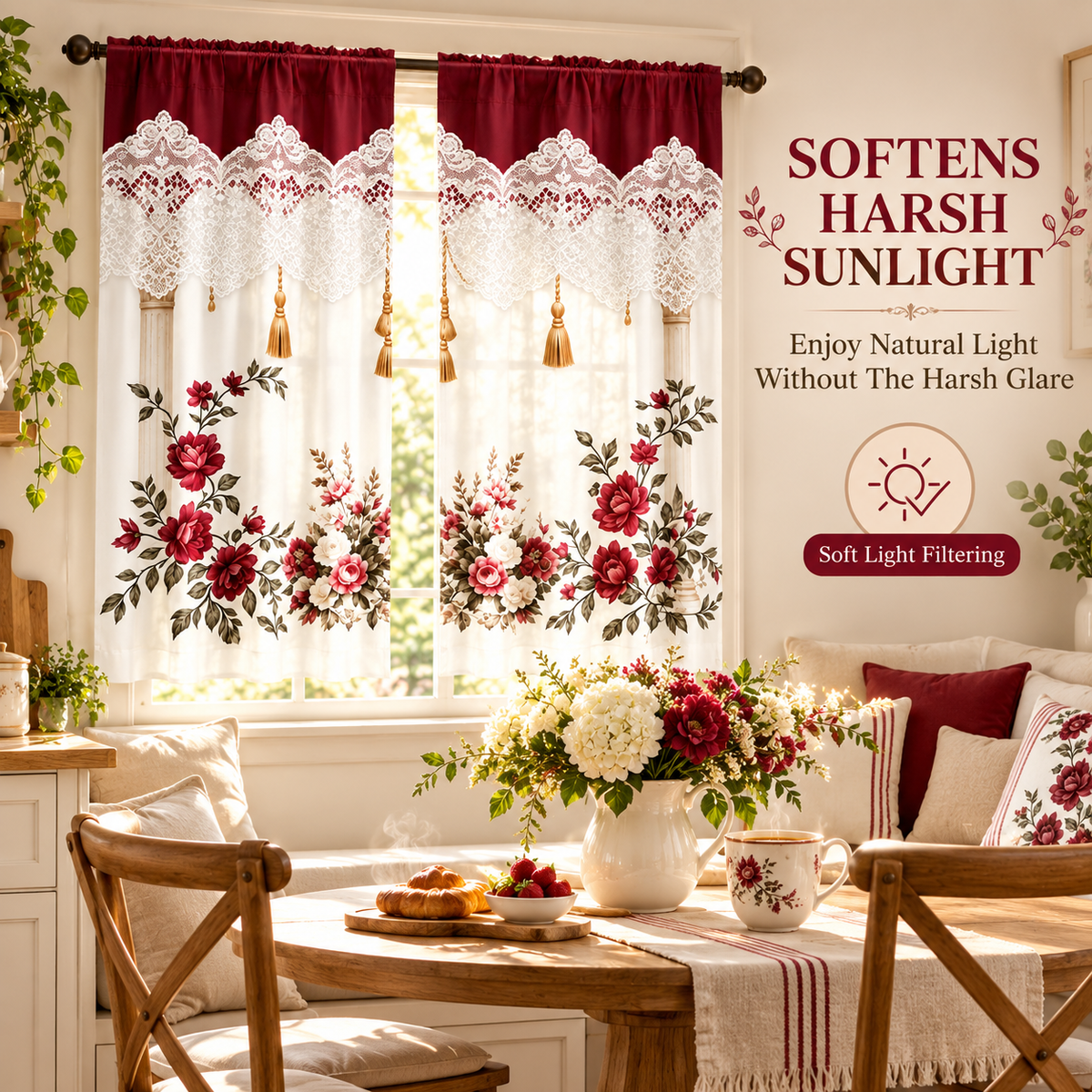 Burgundy Rose Floral Window Curtains – Vintage Lace-Inspired Light-Filtering Rod Pocket Curtains