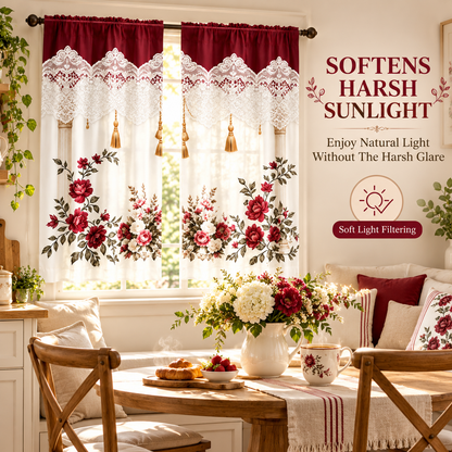Burgundy Rose Floral Window Curtains – Vintage Lace-Inspired Light-Filtering Rod Pocket Curtains