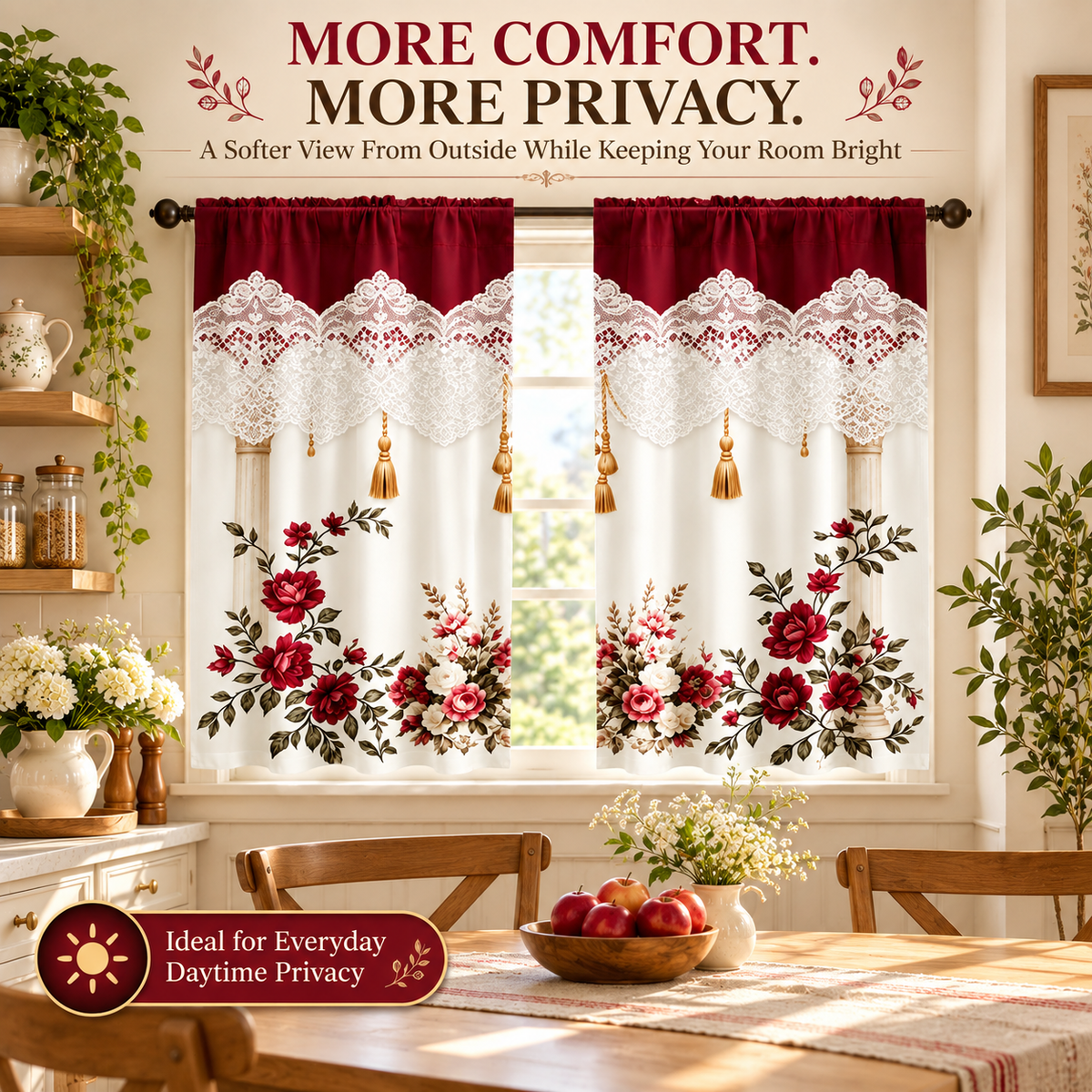 Burgundy Rose Floral Window Curtains – Vintage Lace-Inspired Light-Filtering Rod Pocket Curtains