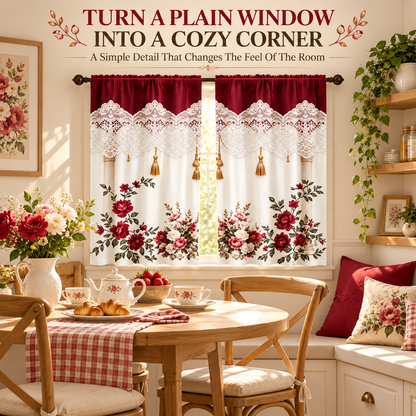Burgundy Rose Floral Window Curtains – Vintage Lace-Inspired Light-Filtering Rod Pocket Curtains