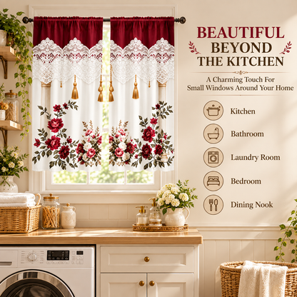 Burgundy Rose Floral Window Curtains – Vintage Lace-Inspired Light-Filtering Rod Pocket Curtains
