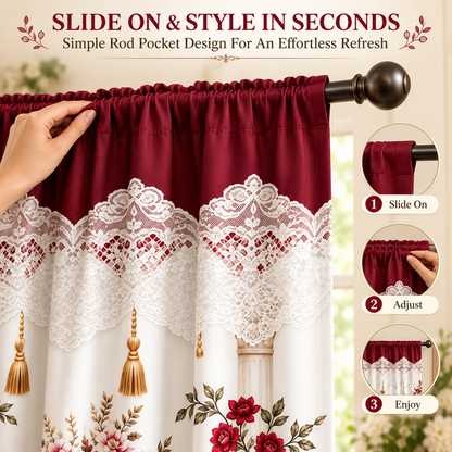 Burgundy Rose Floral Window Curtains – Vintage Lace-Inspired Light-Filtering Rod Pocket Curtains