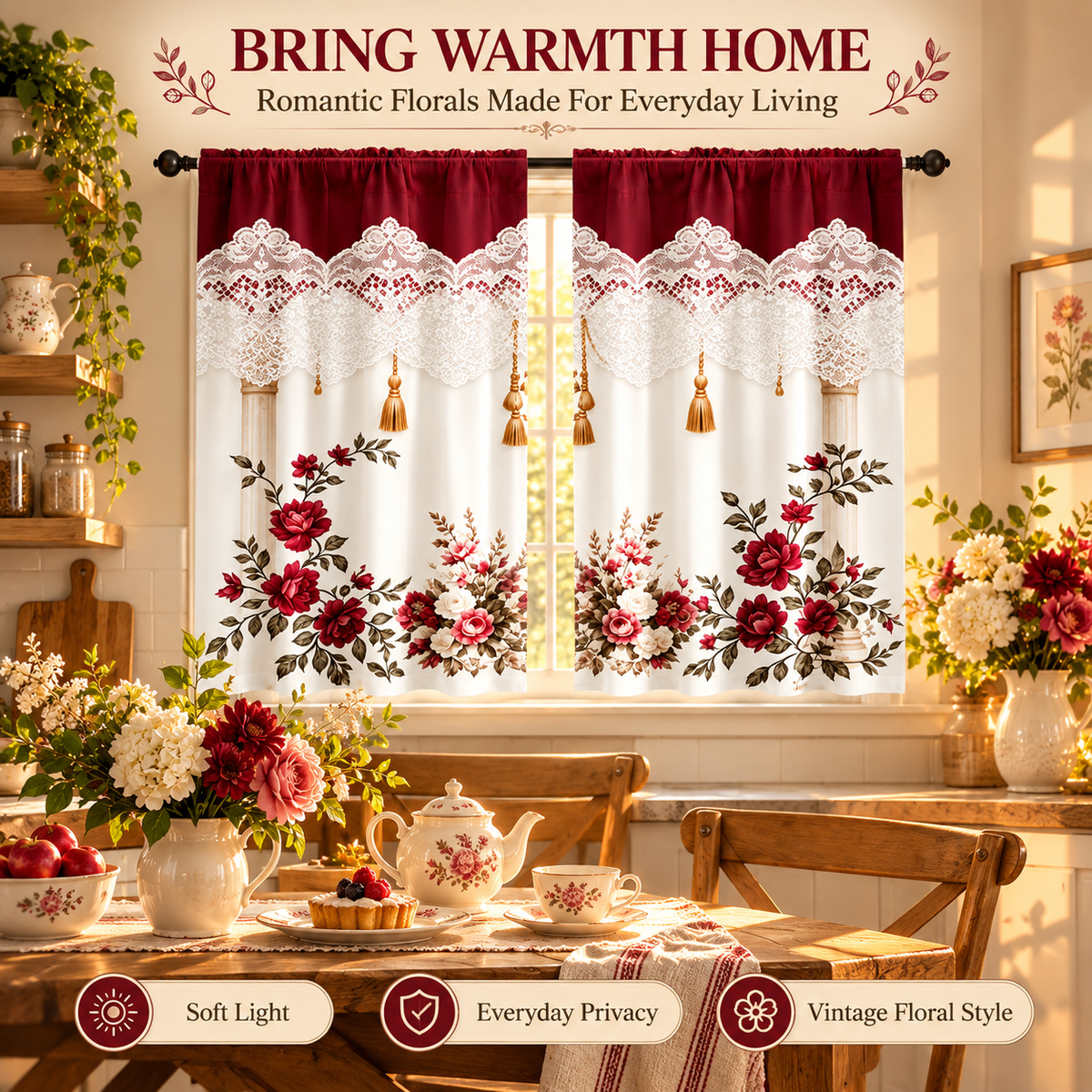 Burgundy Rose Floral Window Curtains – Vintage Lace-Inspired Light-Filtering Rod Pocket Curtains