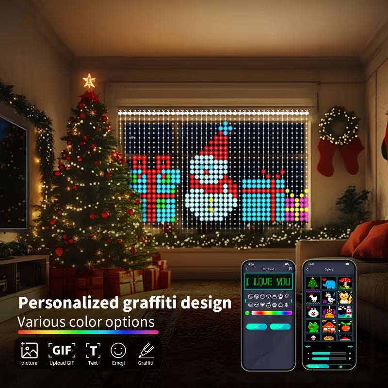 🎄 Smart RGB Pixel Curtain Lights – App-Controlled Animated Holiday Display for Balcony & Window Decor-1.6m*1.6m