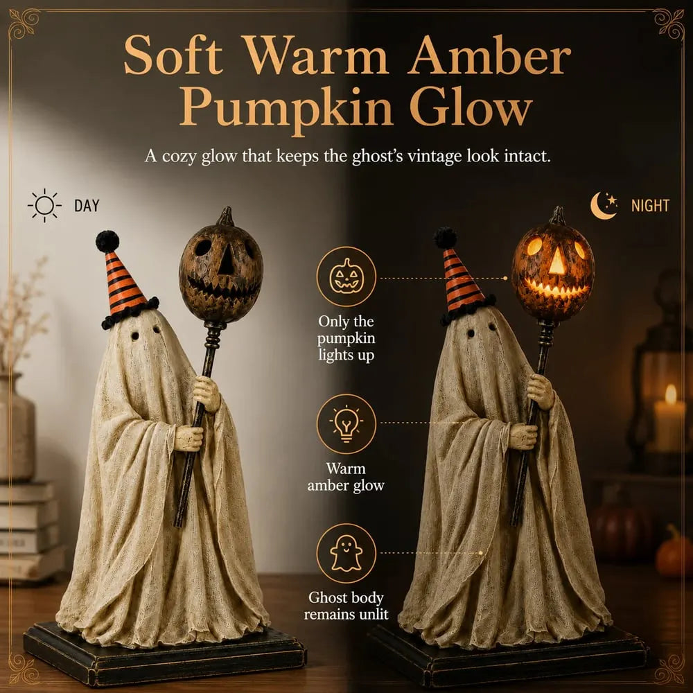 Lighted Vintage Ghost Figurine with Glowing Pumpkin Staff