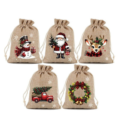 Reusable Christmas Drawstring Gift Bags — Santa & Reindeer Polyester Pouches