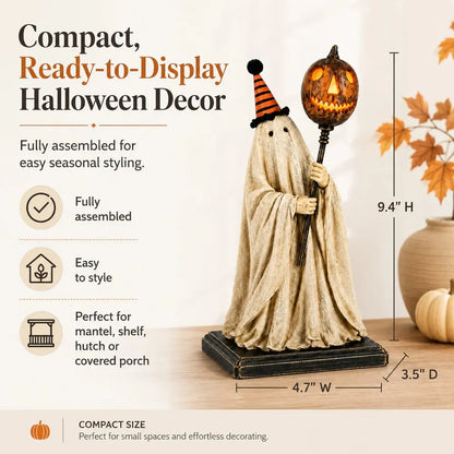 Lighted Vintage Ghost Figurine with Glowing Pumpkin Staff
