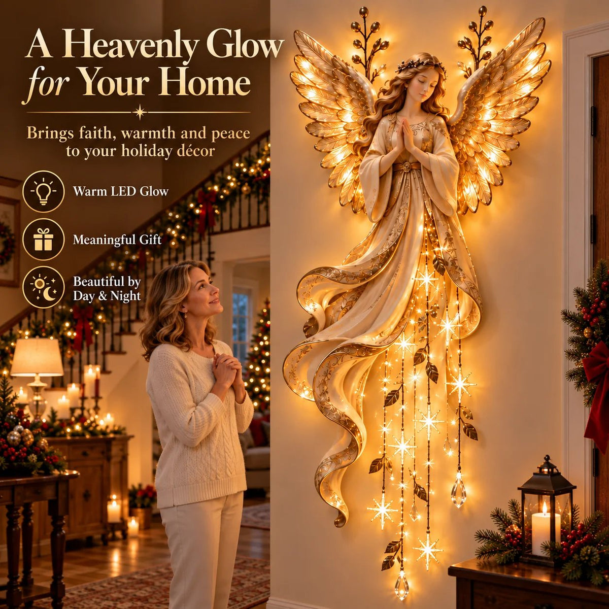 ✨Last Day 60% OFF✨Guardian Angel Starfall Cascade™ – Lighted Faith & Blessing Christmas Wall Decor✨