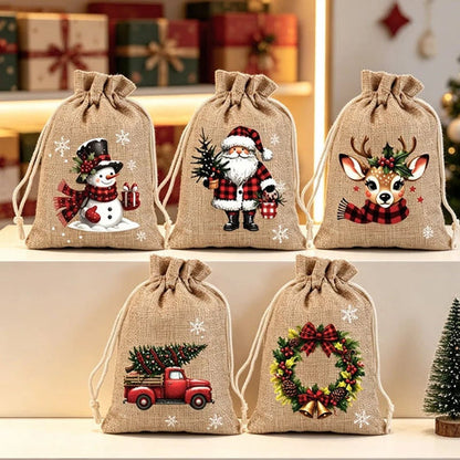 Reusable Christmas Drawstring Gift Bags — Santa & Reindeer Polyester Pouches