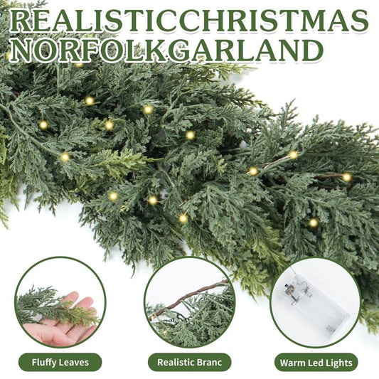 6FT Pre-lit Christmas Cedar Garland with LED Lights, Realistic Faux Greenery for Fireplace Table Mantle Wall Indoor Outdoor Winter Holiday Decorations Ornaments