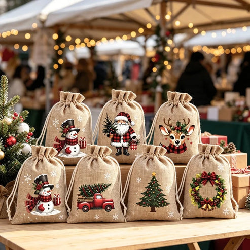 Reusable Christmas Drawstring Gift Bags — Santa & Reindeer Polyester Pouches