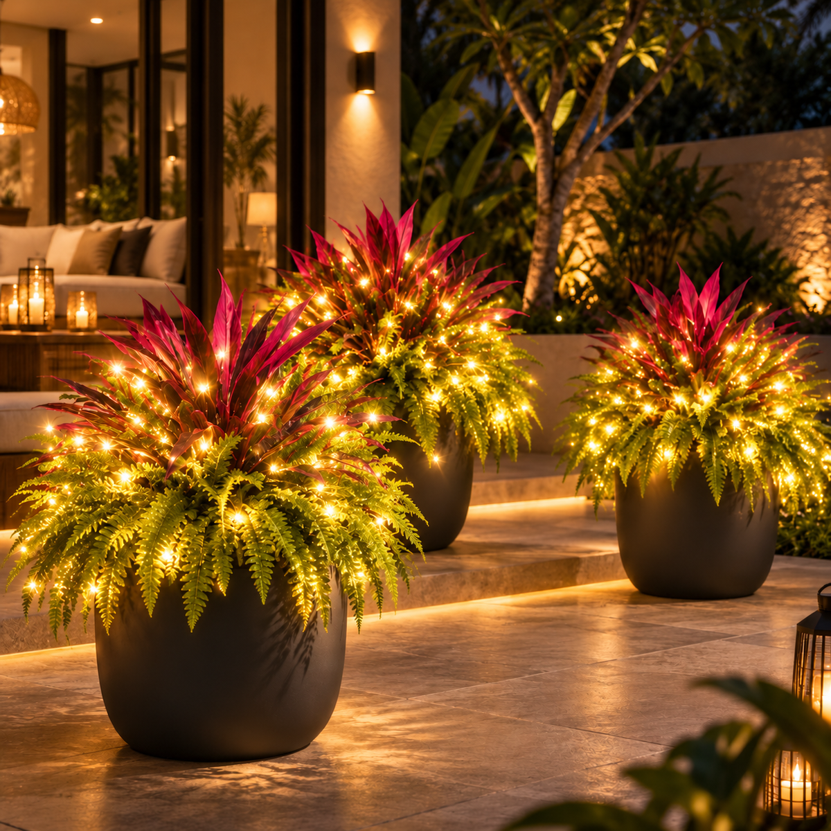 🔥Lighted Artificial Fern and Red Dracaena Decorative Plant– 🌿 Zero Watering, Zero Maintenance